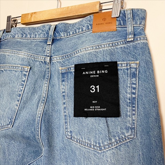 ANINE BING NWT Roy Mid Rise Relaxed Straight Leg Jeans 31 Nordic Blue split hem - Picture 7 of 13
